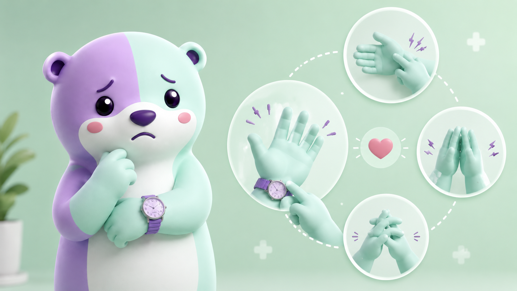 Worried CarpalCare mascot next to illustrations of the Phalen, Tinel, and Durkan carpal tunnel self-tests